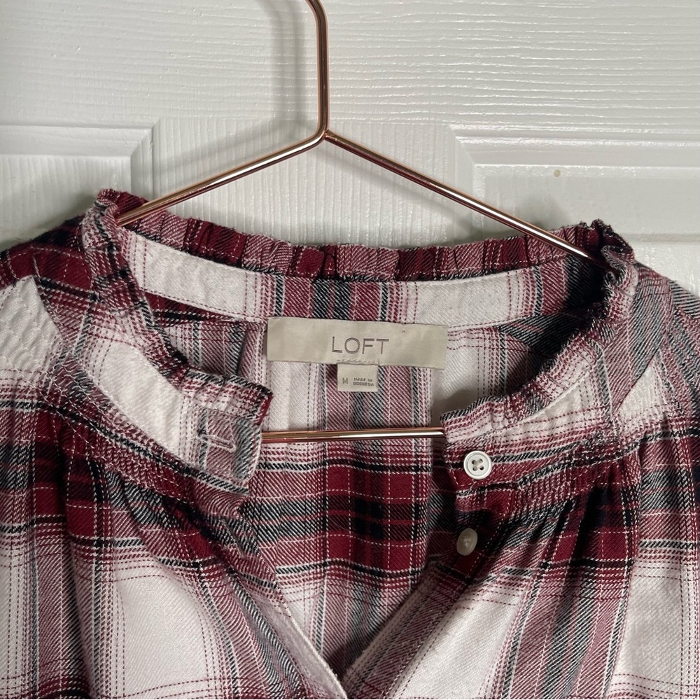 Loft Red White Plaid Long Sleeve Buttondown Blouse Ruffle Autumn - Picture 3 of 7